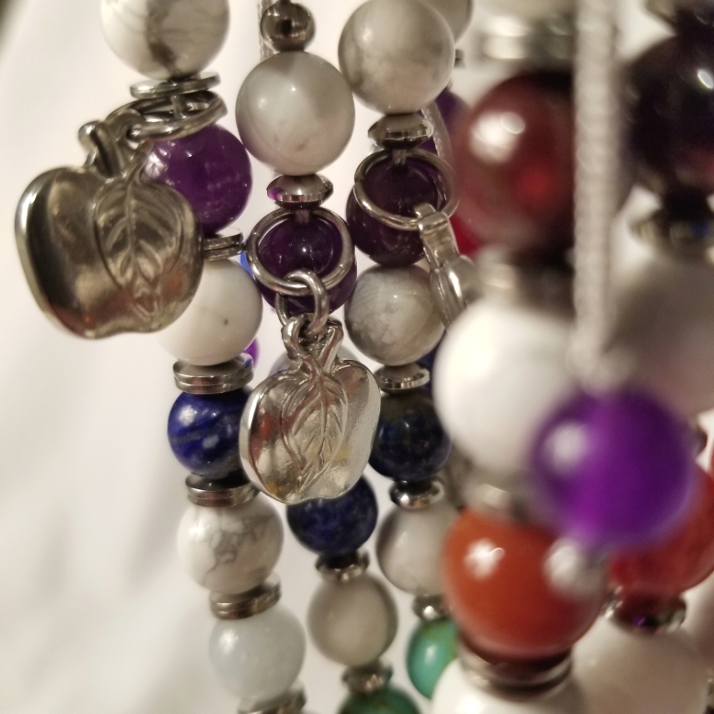Multi-Gemstone Chakra Bracelet with Apple Charm, OS Adjustable - Picture 2 of 6